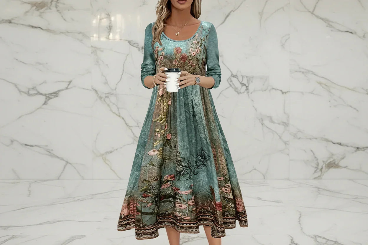 Woman wearing a long, floral embroidered dress holding a coffee cup.