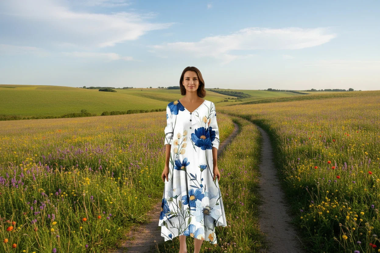 Woman wearing floral irregular-hem maxi dress with V-neck and full sleeves, standing on country path — soft polyester fabric, ankle-length, elegant autumn style.