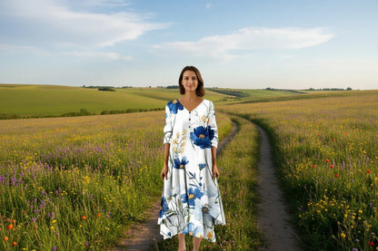 Woman wearing floral irregular-hem maxi dress with V-neck and full sleeves, standing on country path — soft polyester fabric, ankle-length, elegant autumn style.