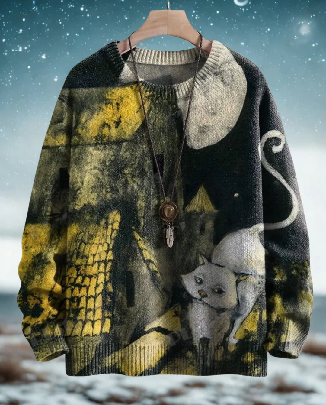 Vintage Cat Pattern 3D Knit Sweater - Golden Tones, Whimsical Design, Unisex Casual Wear