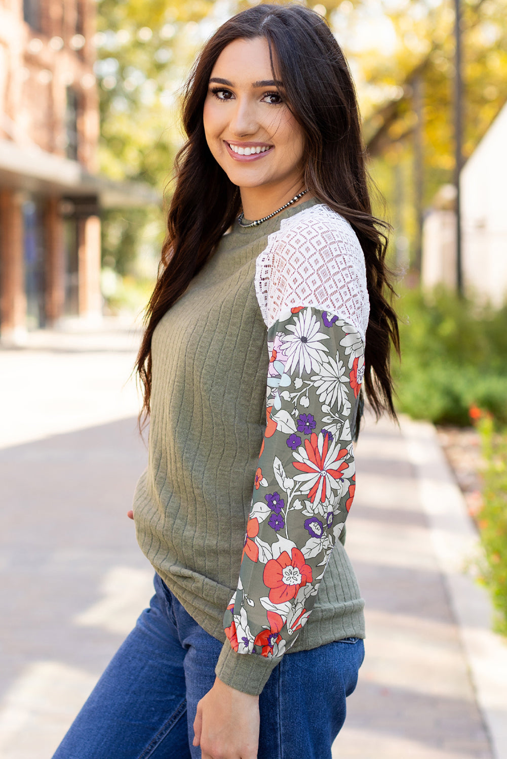 Floral Laurel Green Patchwork Ribbed Long Sleeve Top - ALOE WINGS STORE