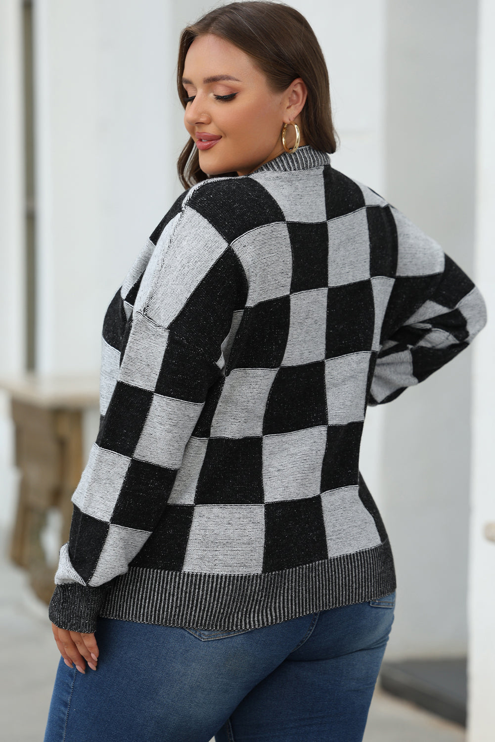 Black Checkered Drop Shoulder Buttoned V Neck Cardigan - ALOE WINGS STORE