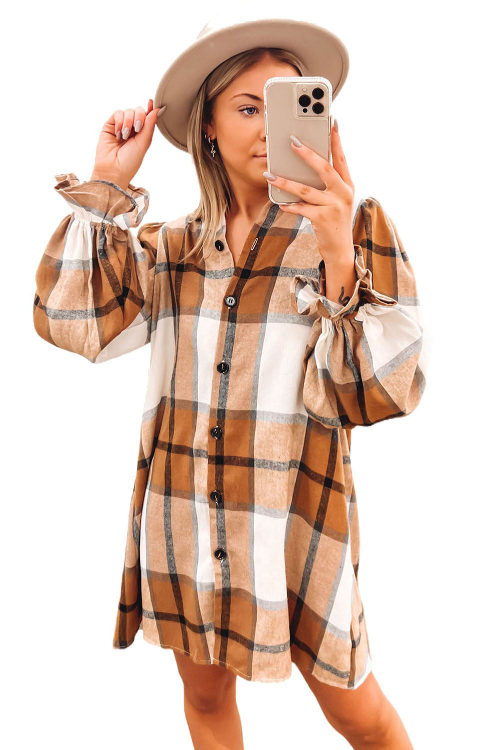 Khaki Plaid Collared Shirt Dress with Ruffled Sleeves - ALOE WINGS STORE