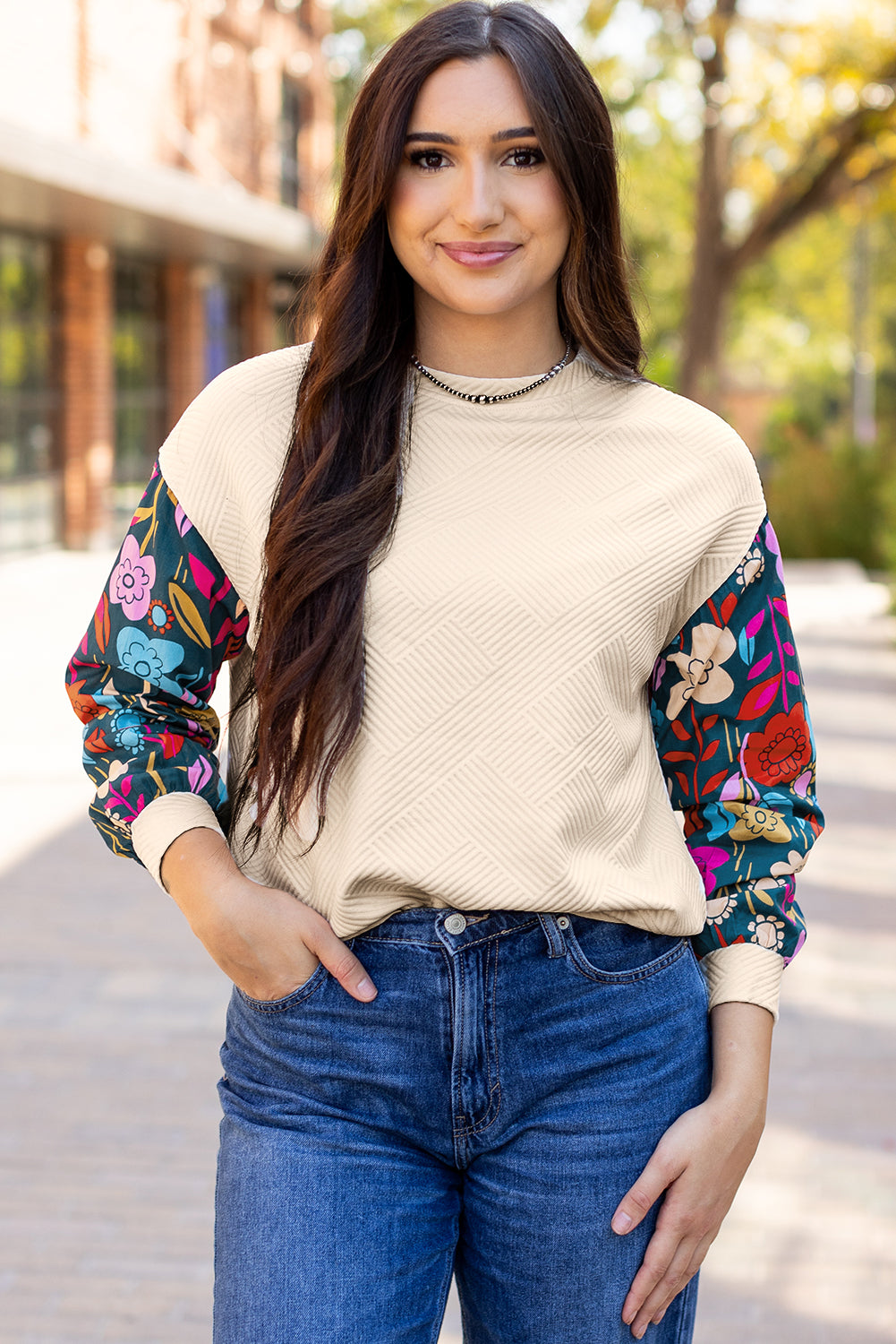 White Textured Knit Top with Contrast Floral Drop Shoulder Sleeves - ALOE WINGS STORE