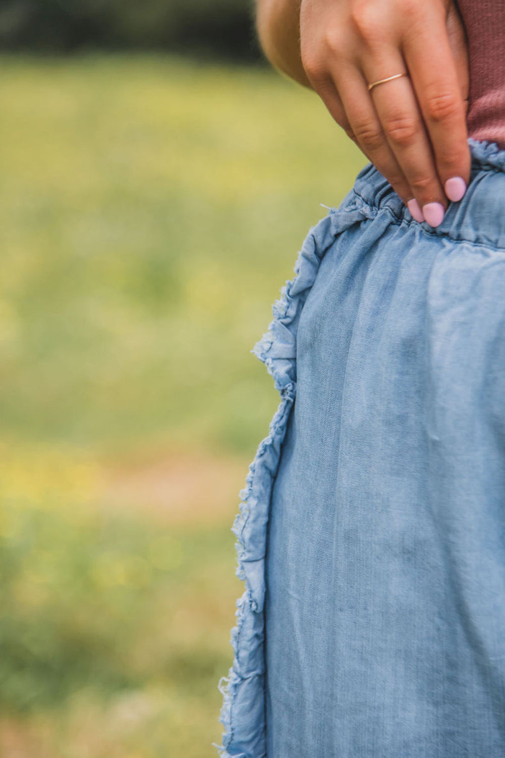 Ruffled Raw Hem Wide Leg Jeans in Myosotis Light Wash - ALOE WINGS STORE