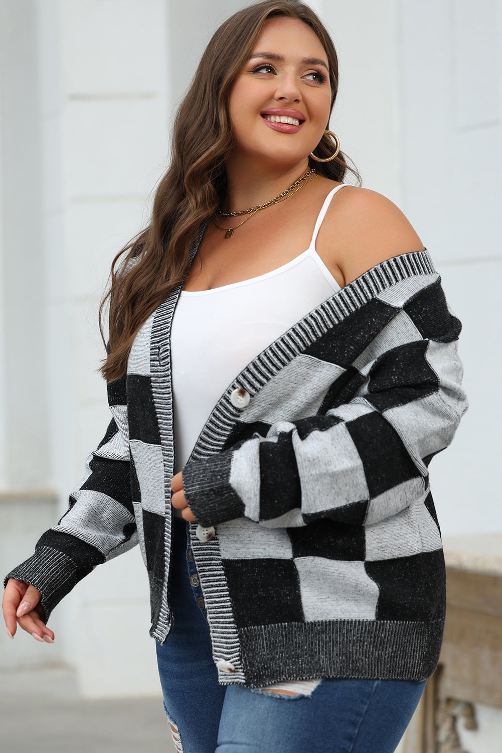 Black Checkered Drop Shoulder Buttoned V Neck Cardigan - ALOE WINGS STORE