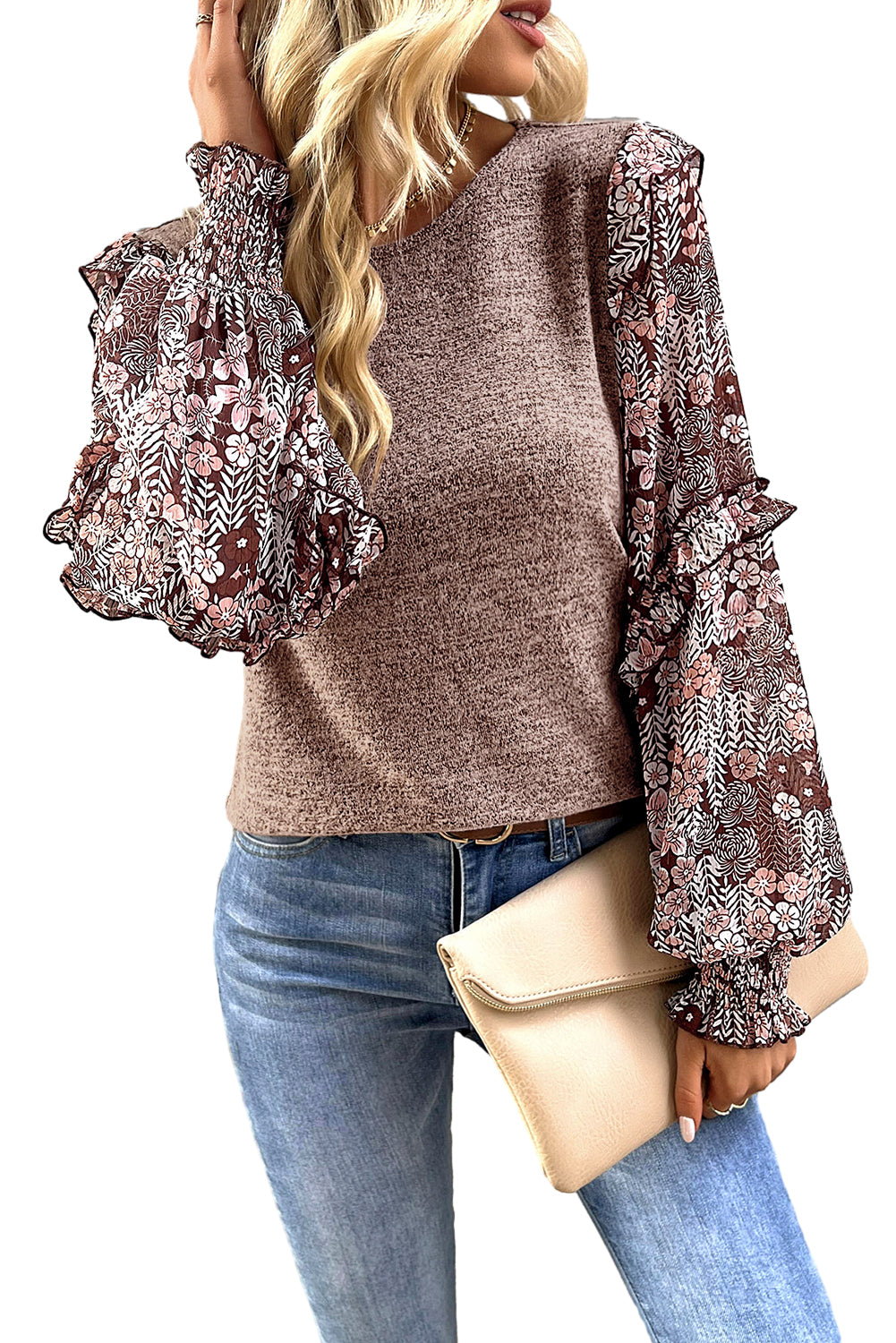 Chestnut Tiered Ruffle Blouse with Floral Sleeves - ALOE WINGS STORE