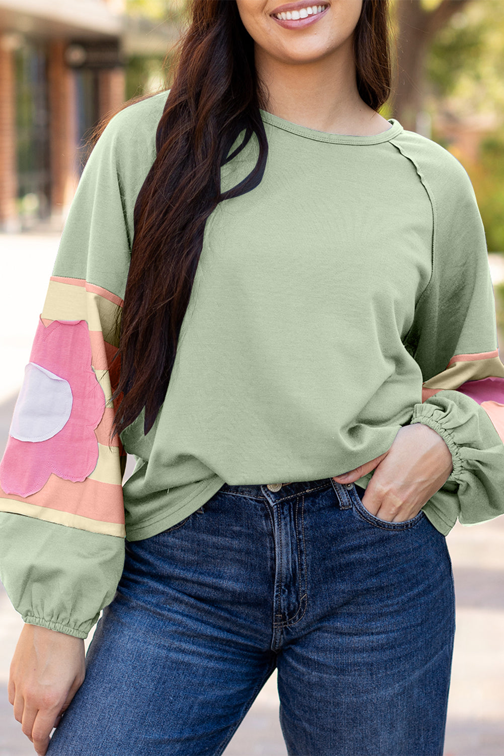 Smoke Green Floral Patchwork Raglan Sleeve Oversized Top with Exposed Seams - ALOE WINGS STORE