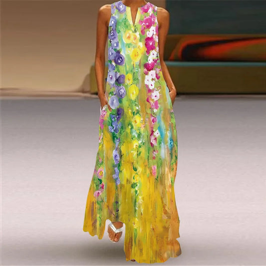 Artistic Retro V-Neck Sleeveless Summer Maxi Dress Collection - ALOE WINGS STORE