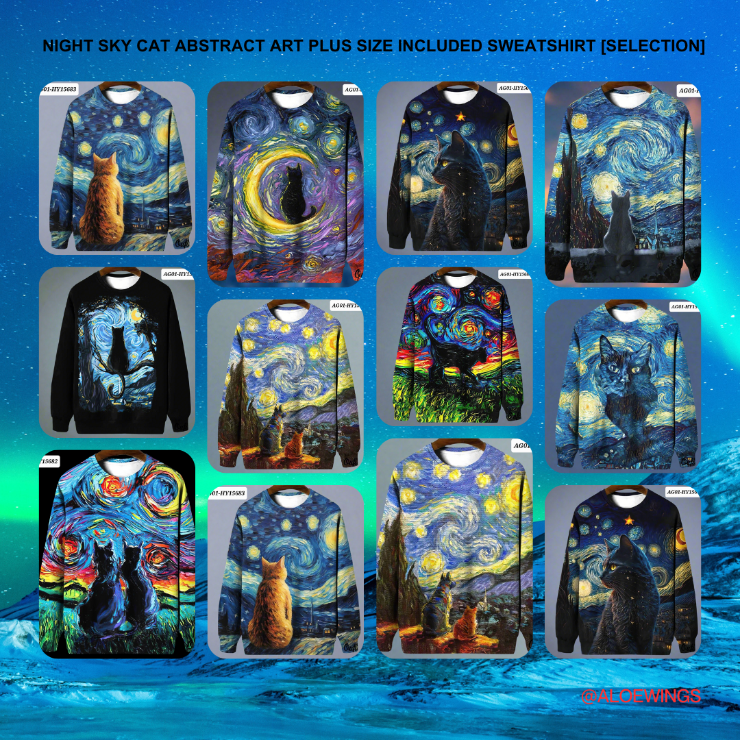 Night Sky Cat Abstract Art Plus Size Included Sweatshirt [SELECTION] - Ltd Time Only! - ALOE WINGS STORE