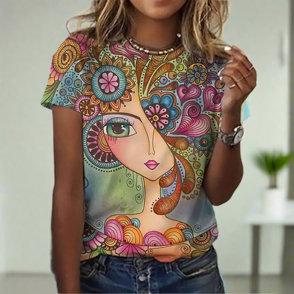 2.Women’s Abstract Art O-Neck T-Shirts – Cute Summer Style - ALOE WINGS STORE