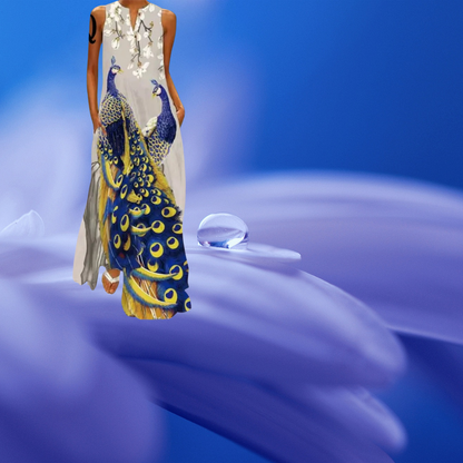 Elegant Women's Sleeveless 3D Fishes & Peacock Print Vintage Maxi Dress with Pockets – Summer & Spring Collection - ALOE WINGS STORE