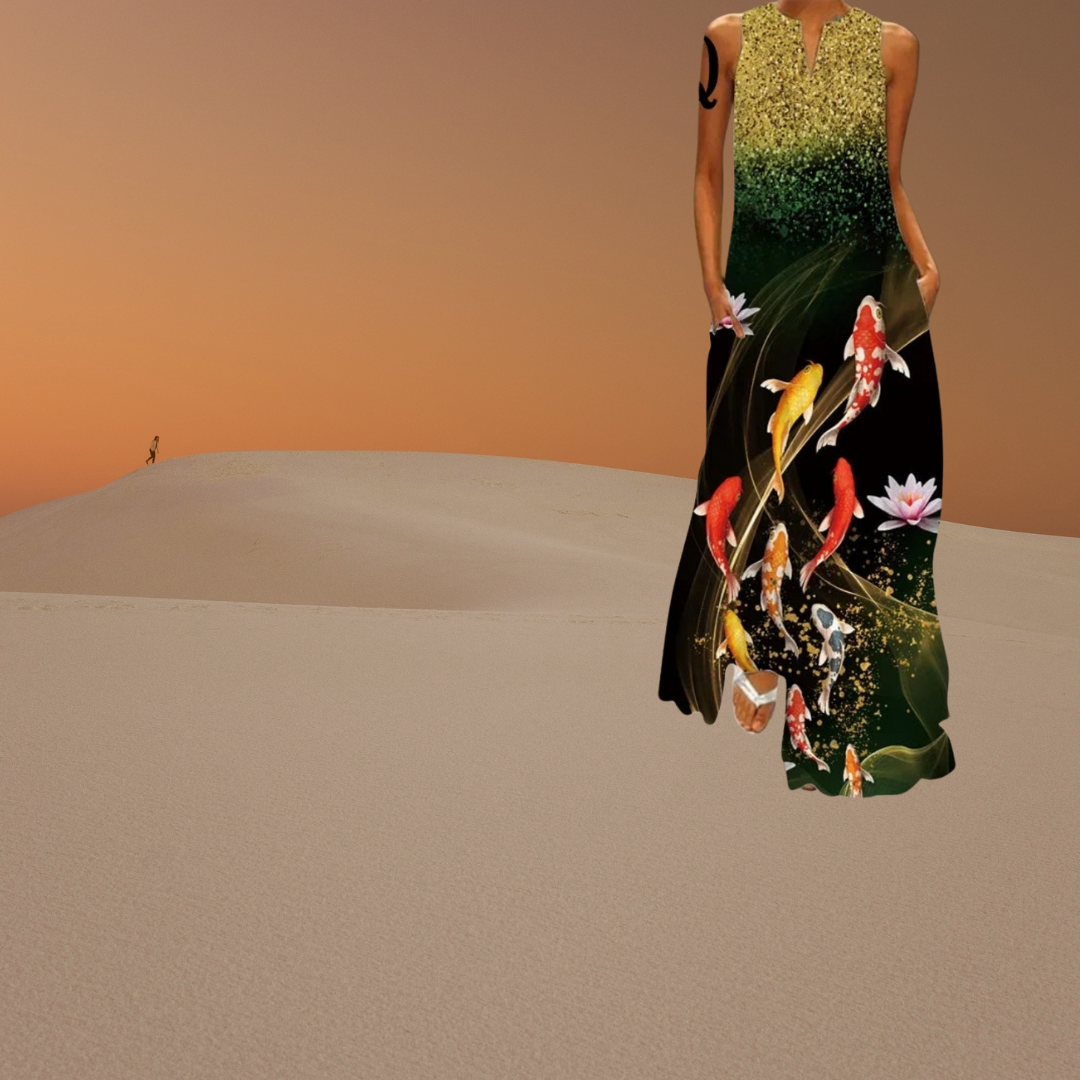 Elegant Women's Sleeveless 3D Fishes & Peacock Print Vintage Maxi Dress with Pockets – Summer & Spring Collection - ALOE WINGS STORE