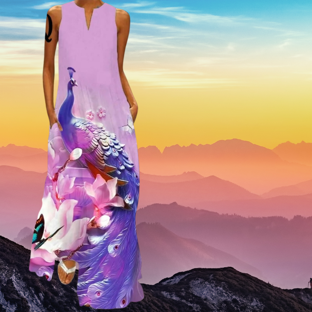 Elegant Women's Sleeveless 3D Fishes & Peacock Print Vintage Maxi Dress with Pockets – Summer & Spring Collection - ALOE WINGS STORE