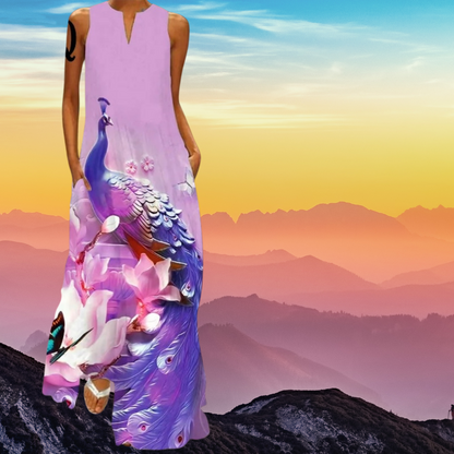Elegant Women's Sleeveless 3D Fishes & Peacock Print Vintage Maxi Dress with Pockets – Summer & Spring Collection - ALOE WINGS STORE