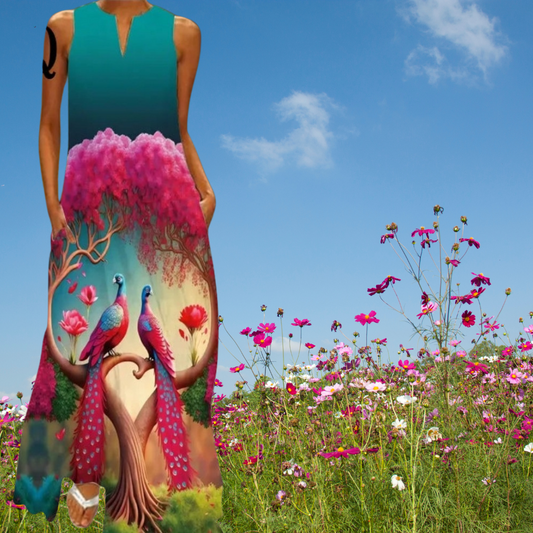 Elegant Women's Sleeveless 3D Fishes & Peacock Print Vintage Maxi Dress with Pockets – Summer & Spring Collection - ALOE WINGS STORE
