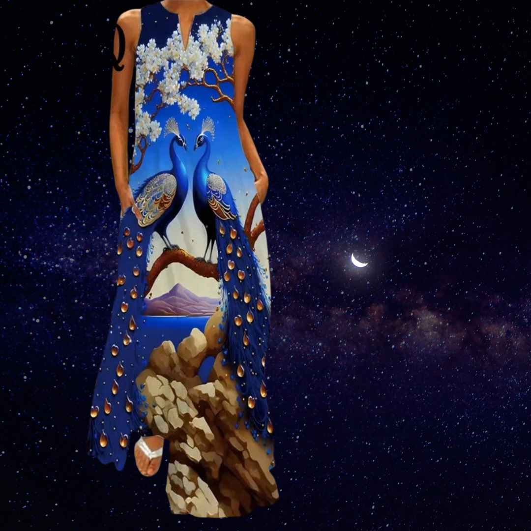 Elegant Women's Sleeveless 3D Fishes & Peacock Print Vintage Maxi Dress with Pockets – Summer & Spring Collection - ALOE WINGS STORE