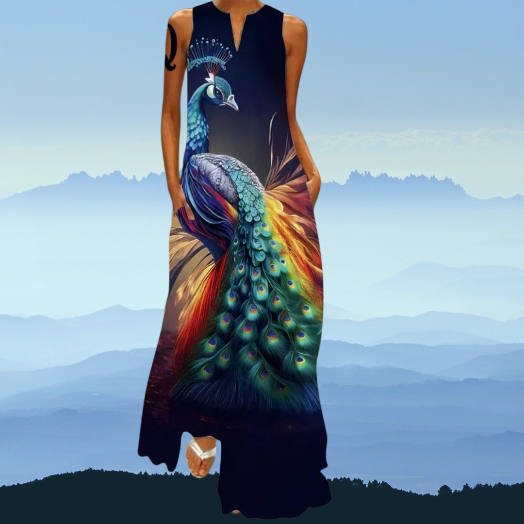Elegant Women's Sleeveless 3D Fishes & Peacock Print Vintage Maxi Dress with Pockets – Summer & Spring Collection - ALOE WINGS STORE