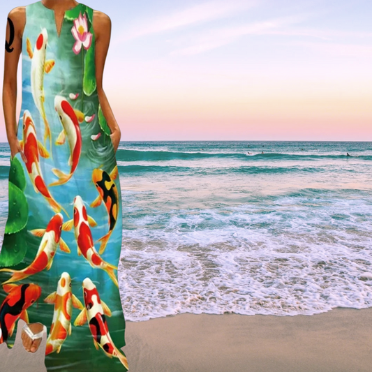 Elegant Women's Sleeveless 3D Fishes & Peacock Print Vintage Maxi Dress with Pockets – Summer & Spring Collection - ALOE WINGS STORE