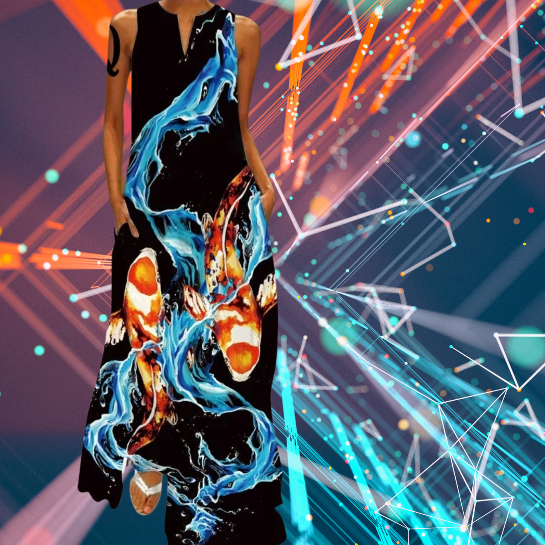 Elegant Women's Sleeveless 3D Fishes & Peacock Print Vintage Maxi Dress with Pockets – Summer & Spring Collection - ALOE WINGS STORE