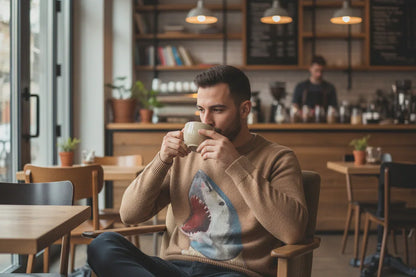 Man drinking from a cup in a coffee shop