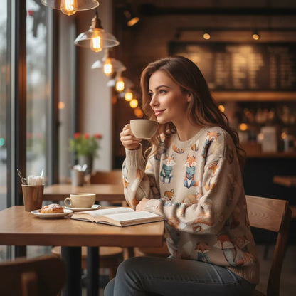Woman in a cozy cafe holding a cup of coffee, surrounded by warm lighting.