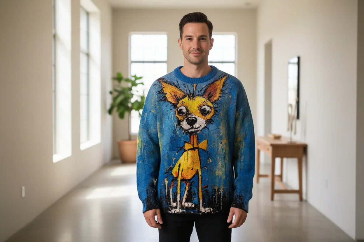 Man wearing a blue hoodie with a dog graphic in a bright room.