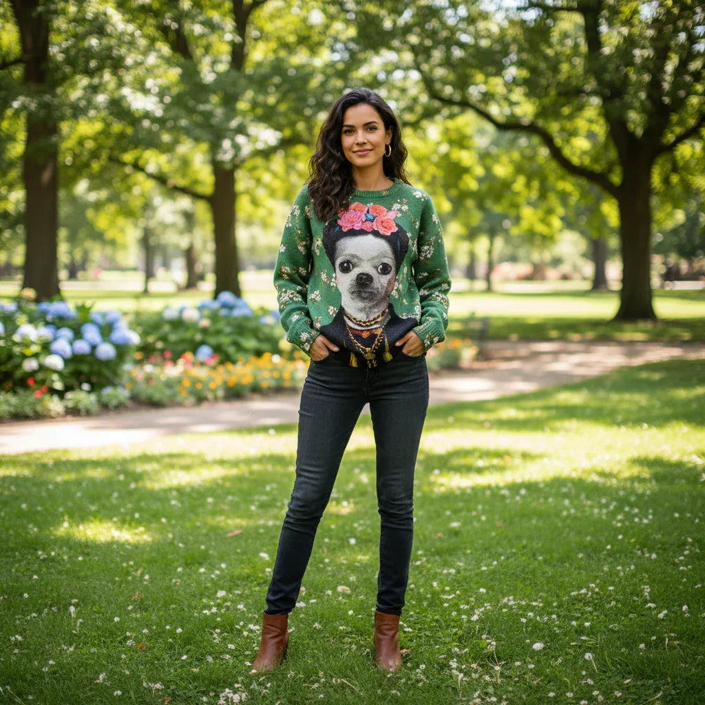 Woman wearing a green sweater with a dog graphic in a park