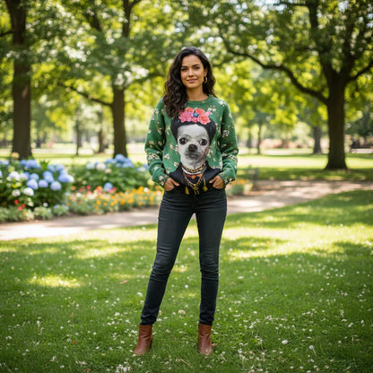Woman wearing a green sweater with a dog graphic in a park