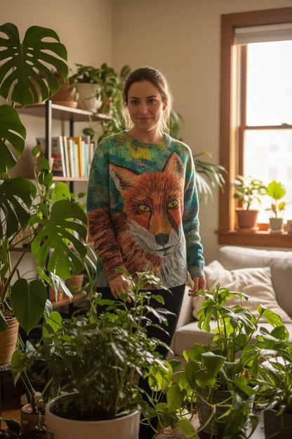Person wearing a colorful fox sweater standing among plants in a room with a window.