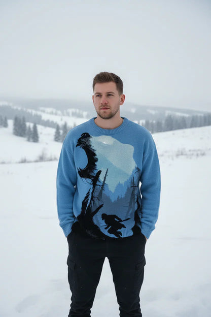 Man wearing a blue sweater with a graphic design in a snowy landscape