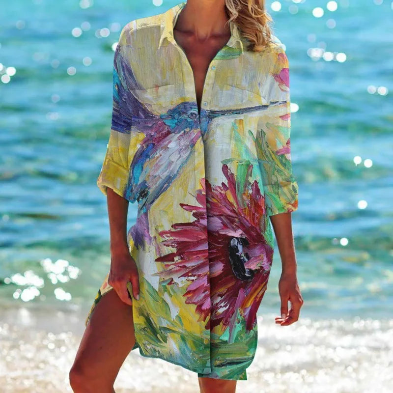 1.Women's Summer Hawaiian Parrot 3D Print Blouse – Long Sleeve Mid-Length Button-Up Beach Shirt with Pockets - ALOE WINGS STORE