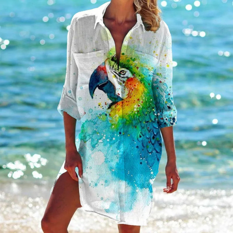 1.Women's Summer Hawaiian Parrot 3D Print Blouse – Long Sleeve Mid-Length Button-Up Beach Shirt with Pockets - ALOE WINGS STORE