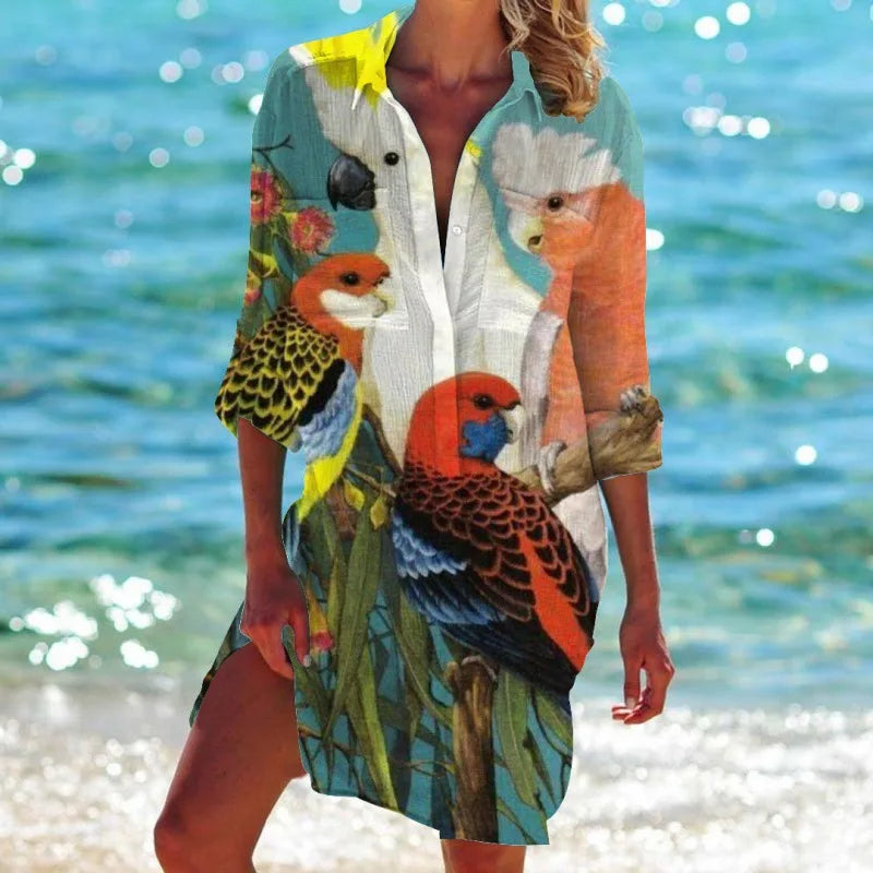 1.Women's Summer Hawaiian Parrot 3D Print Blouse – Long Sleeve Mid-Length Button-Up Beach Shirt with Pockets - ALOE WINGS STORE