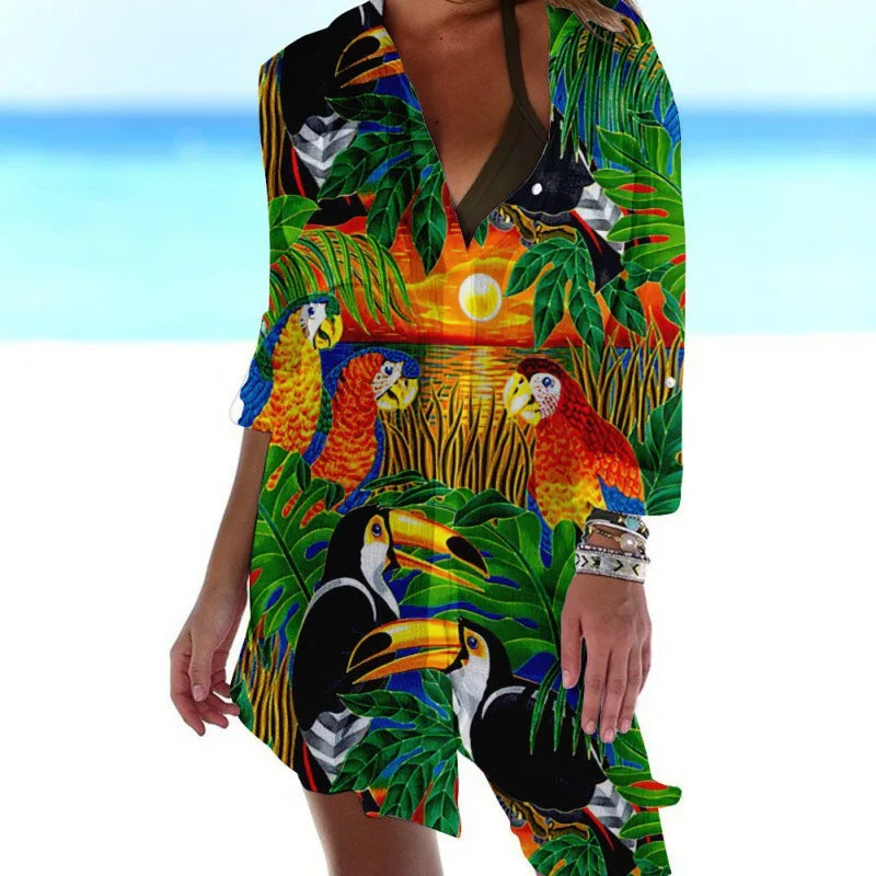 1.Women's Summer Hawaiian Parrot 3D Print Blouse – Long Sleeve Mid-Length Button-Up Beach Shirt with Pockets - ALOE WINGS STORE