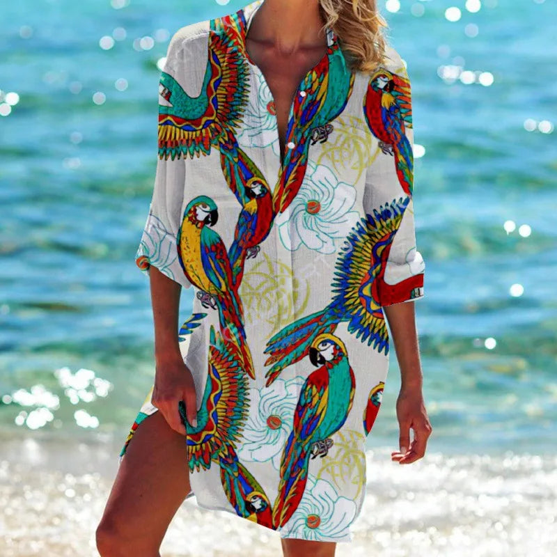 1.Women's Summer Hawaiian Parrot 3D Print Blouse – Long Sleeve Mid-Length Button-Up Beach Shirt with Pockets - ALOE WINGS STORE