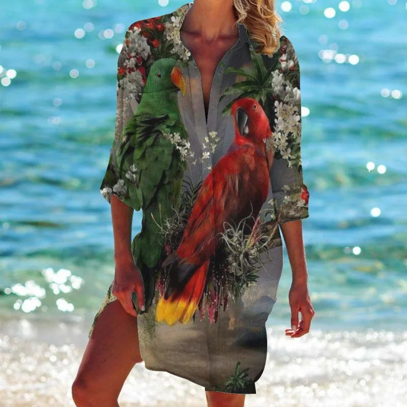1.Women's Summer Hawaiian Parrot 3D Print Blouse – Long Sleeve Mid-Length Button-Up Beach Shirt with Pockets - ALOE WINGS STORE