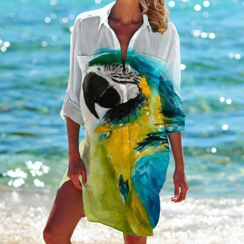 1.Women's Summer Hawaiian Parrot 3D Print Blouse – Long Sleeve Mid-Length Button-Up Beach Shirt with Pockets - ALOE WINGS STORE