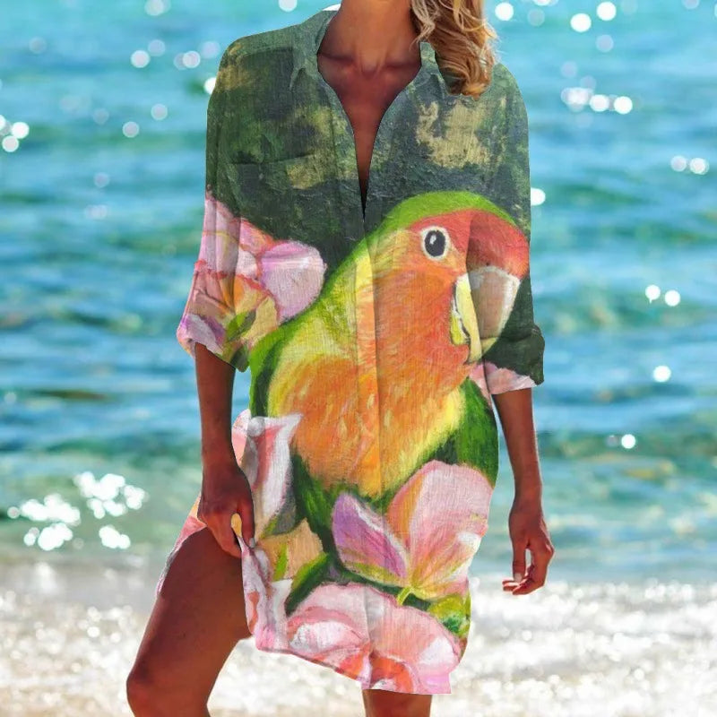 1.Women's Summer Hawaiian Parrot 3D Print Blouse – Long Sleeve Mid-Length Button-Up Beach Shirt with Pockets - ALOE WINGS STORE