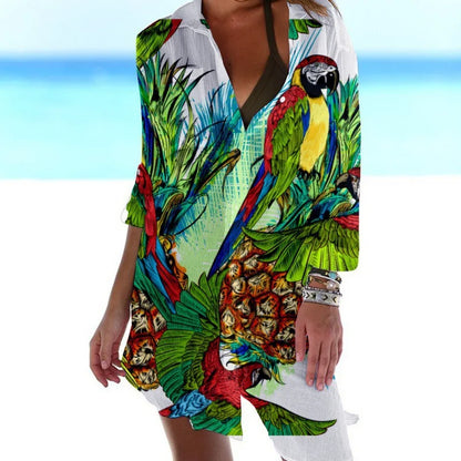 1.Women's Summer Hawaiian Parrot 3D Print Blouse – Long Sleeve Mid-Length Button-Up Beach Shirt with Pockets - ALOE WINGS STORE