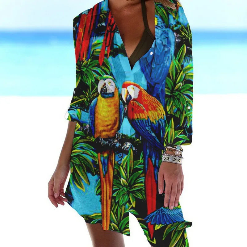1.Women's Summer Hawaiian Parrot 3D Print Blouse – Long Sleeve Mid-Length Button-Up Beach Shirt with Pockets - ALOE WINGS STORE