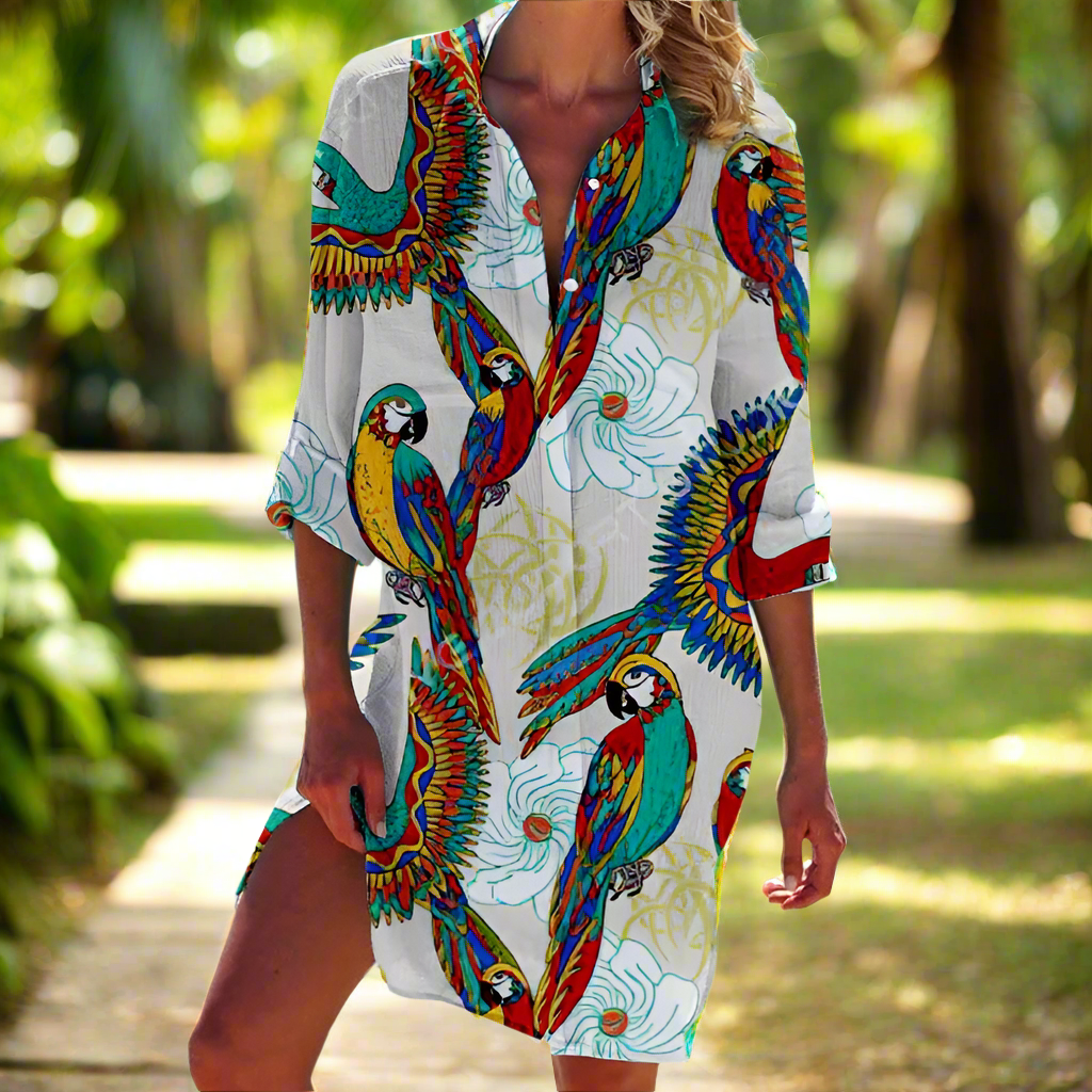1.Women's Summer Hawaiian Parrot 3D Print Blouse – Long Sleeve Mid-Length Button-Up Beach Shirt with Pockets - ALOE WINGS STORE