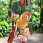 1.Women's Summer Hawaiian Parrot 3D Print Blouse – Long Sleeve Mid-Length Button-Up Beach Shirt with Pockets - ALOE WINGS STORE