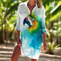 1.Women's Summer Hawaiian Parrot 3D Print Blouse – Long Sleeve Mid-Length Button-Up Beach Shirt with Pockets - ALOE WINGS STORE