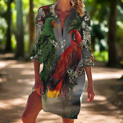 1.Women's Summer Hawaiian Parrot 3D Print Blouse – Long Sleeve Mid-Length Button-Up Beach Shirt with Pockets - ALOE WINGS STORE