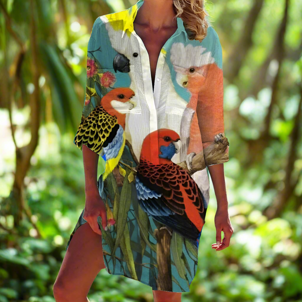 1.Women's Summer Hawaiian Parrot 3D Print Blouse – Long Sleeve Mid-Length Button-Up Beach Shirt with Pockets - ALOE WINGS STORE