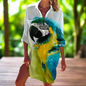 1.Women's Summer Hawaiian Parrot 3D Print Blouse – Long Sleeve Mid-Length Button-Up Beach Shirt with Pockets - ALOE WINGS STORE