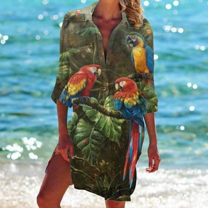 3.Women's Summer Hawaiian Parrot 3D Print Blouse – Long Sleeve Mid-Length Button-Up Beach Shirt with Pockets - ALOE WINGS STORE