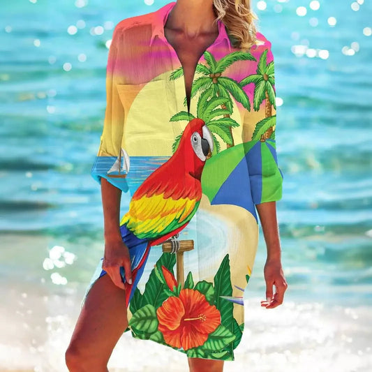 3.Women's Summer Hawaiian Parrot 3D Print Blouse – Long Sleeve Mid-Length Button-Up Beach Shirt with Pockets - ALOE WINGS STORE