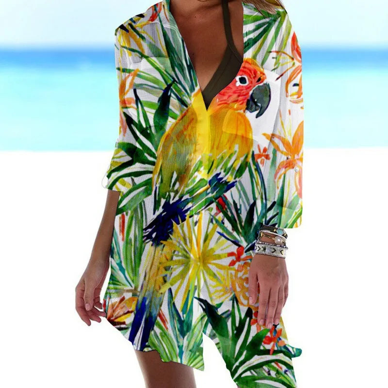 3.Women's Summer Hawaiian Parrot 3D Print Blouse – Long Sleeve Mid-Length Button-Up Beach Shirt with Pockets - ALOE WINGS STORE